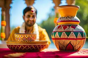 une homme dans traditionnel Indien tenue est assis suivant à une pot et bol. généré par ai photo