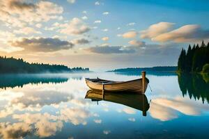 une bateau est flottant sur une calme Lac à le coucher du soleil. généré par ai photo