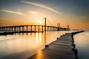 une pont plus de le l'eau à le coucher du soleil. généré par ai photo