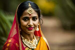 une magnifique Indien la mariée dans traditionnel tenue. généré par ai photo