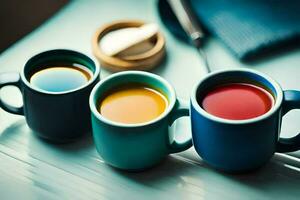 Trois coloré tasses de thé asseoir sur une tableau. généré par ai photo