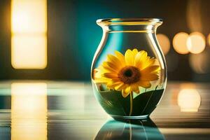 une Jaune tournesol est dans une verre vase. généré par ai photo