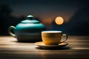 thé pot et tasse sur une en bois tableau. généré par ai photo