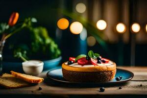 le cheesecake est servi sur une en bois table avec une verre de Lait et une tranche de pain. généré par ai photo