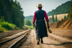 une homme dans une cow-boy chapeau en marchant sur chemin de fer des pistes. généré par ai photo