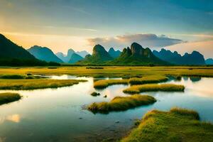 le montagnes sont réfléchi dans le l'eau à le coucher du soleil. généré par ai photo