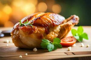 une poulet sur une en bois Coupe planche avec tomates et herbes. généré par ai photo