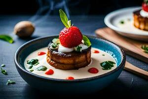 une bol de nourriture avec des fraises et crème. généré par ai photo