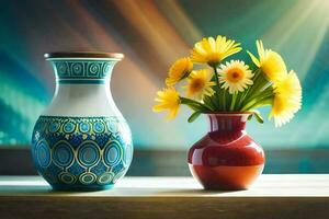 deux des vases avec Jaune fleurs séance sur une tableau. généré par ai photo