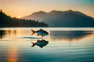 une poisson est sauter en dehors de le l'eau à le coucher du soleil. généré par ai photo