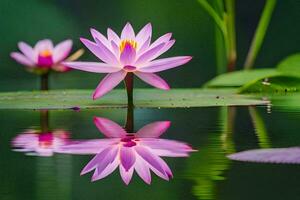 deux rose lotus fleurs sont réfléchi dans le l'eau. généré par ai photo