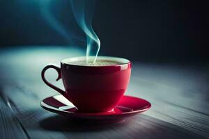 une tasse de café sur une en bois tableau. généré par ai photo