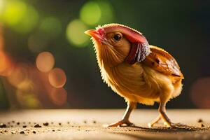 une petit poulet avec une rouge chapeau sur. généré par ai photo