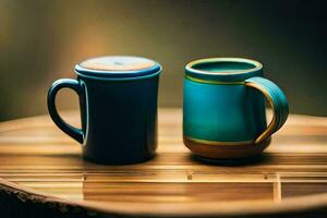 deux bleu et vert des tasses séance sur une en bois tableau. généré par ai photo