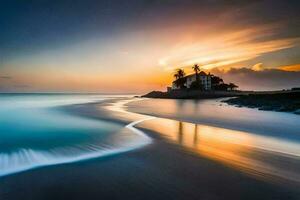 une plage avec vagues et une maison à le coucher du soleil. généré par ai photo