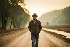 une homme dans une chapeau et veste en marchant vers le bas une saleté route. généré par ai photo