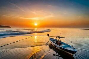 le bateau est ancré dans le l'eau à le coucher du soleil. généré par ai photo