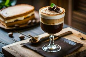 une café boisson avec fouetté crème et Chocolat sur une en bois tableau. généré par ai photo