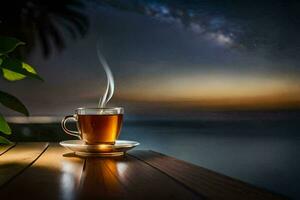 une tasse de thé sur une en bois table dans de face de le mer. généré par ai photo