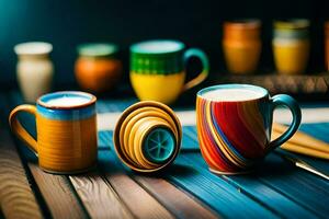 coloré café tasses et une en bois tableau. généré par ai photo