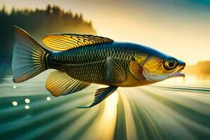 poisson dans le l'eau à le coucher du soleil. généré par ai photo