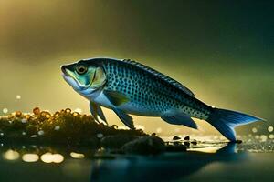 une poisson est permanent sur le l'eau avec une lumière brillant sur il. généré par ai photo