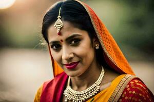 une magnifique Indien femme dans traditionnel tenue. généré par ai photo