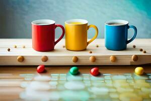 Trois café tasses avec coloré des tasses sur une tableau. généré par ai photo