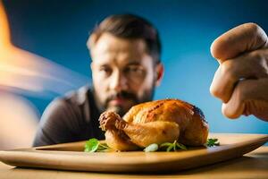 une homme est en portant une poulet sur une plaque. généré par ai photo