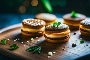 petit des sandwichs sur une en bois plateau avec herbes. généré par ai photo