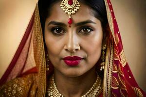 une magnifique Indien femme portant une traditionnel rouge et or sari. généré par ai photo