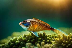 une poisson est séance sur Haut de une corail récif. généré par ai photo