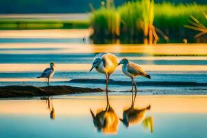 Trois des oiseaux permanent dans le l'eau à le coucher du soleil. généré par ai photo