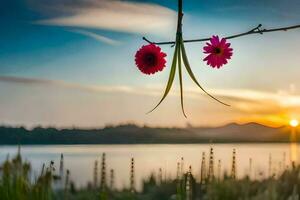 deux rose fleurs sont pendaison de une branche plus de une lac. généré par ai photo