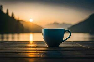 café tasse sur le lac, lac, montagnes, lever du soleil, lever du soleil, le lac, le. généré par ai photo