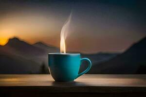 une tasse de café sur une table avec une Montagne dans le Contexte. généré par ai photo