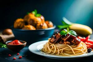 spaghetti avec Boulettes de viande et sauce sur une plaque. généré par ai photo