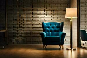 bleu chaise dans une pièce avec brique mur. généré par ai photo
