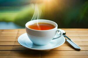 une tasse de thé sur une en bois tableau. généré par ai photo