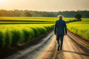 une homme dans une costume et chapeau des promenades vers le bas une saleté route dans une riz champ. généré par ai photo
