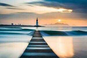 une longue exposition photographier de une phare dans le océan. généré par ai photo