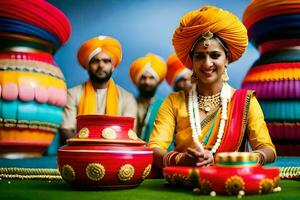 une femme dans une turban et coloré robe est en portant une pot. généré par ai photo