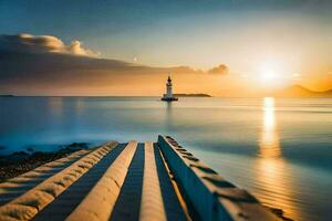 une phare dans le le coucher du soleil. généré par ai photo