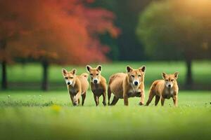 une groupe de chiens fonctionnement dans le herbe. généré par ai photo