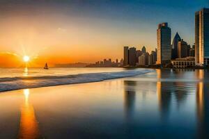 le Soleil ensembles plus de le ville horizon dans Dubai. généré par ai photo