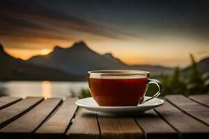 une tasse de thé sur une en bois table dans de face de une lac. généré par ai photo
