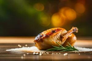 une poulet sur une en bois table avec sel. généré par ai photo