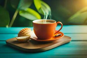 une tasse de café sur une en bois tableau. généré par ai photo