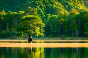 une seul arbre des stands dans le milieu de une lac. généré par ai photo