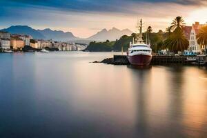 une bateau amarré dans le l'eau à le coucher du soleil. généré par ai photo